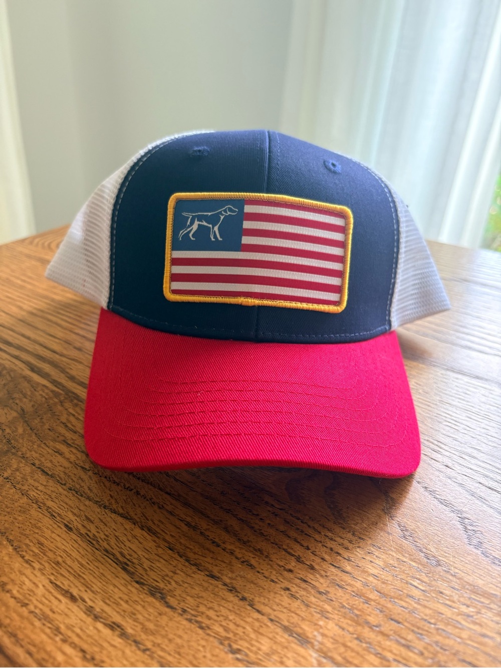 New with tags Fieldstone Mens Red & Navy Trucker Hat with Flag Patch- SnapBack